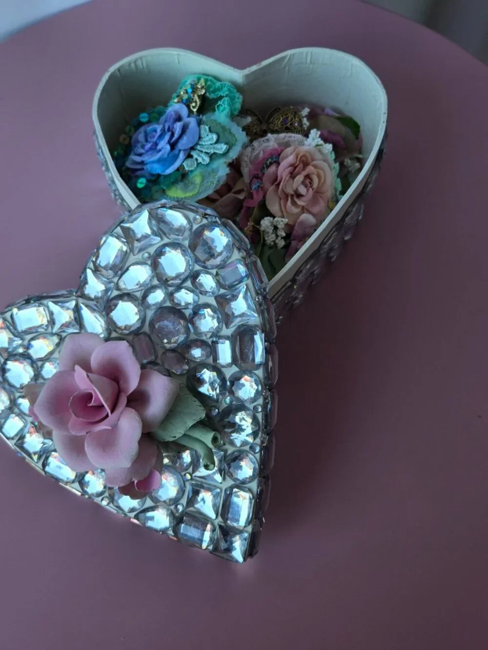 Crystal Jewel and Pink Porcelain Heart Shape Accessory Storage Box  Cottagecore